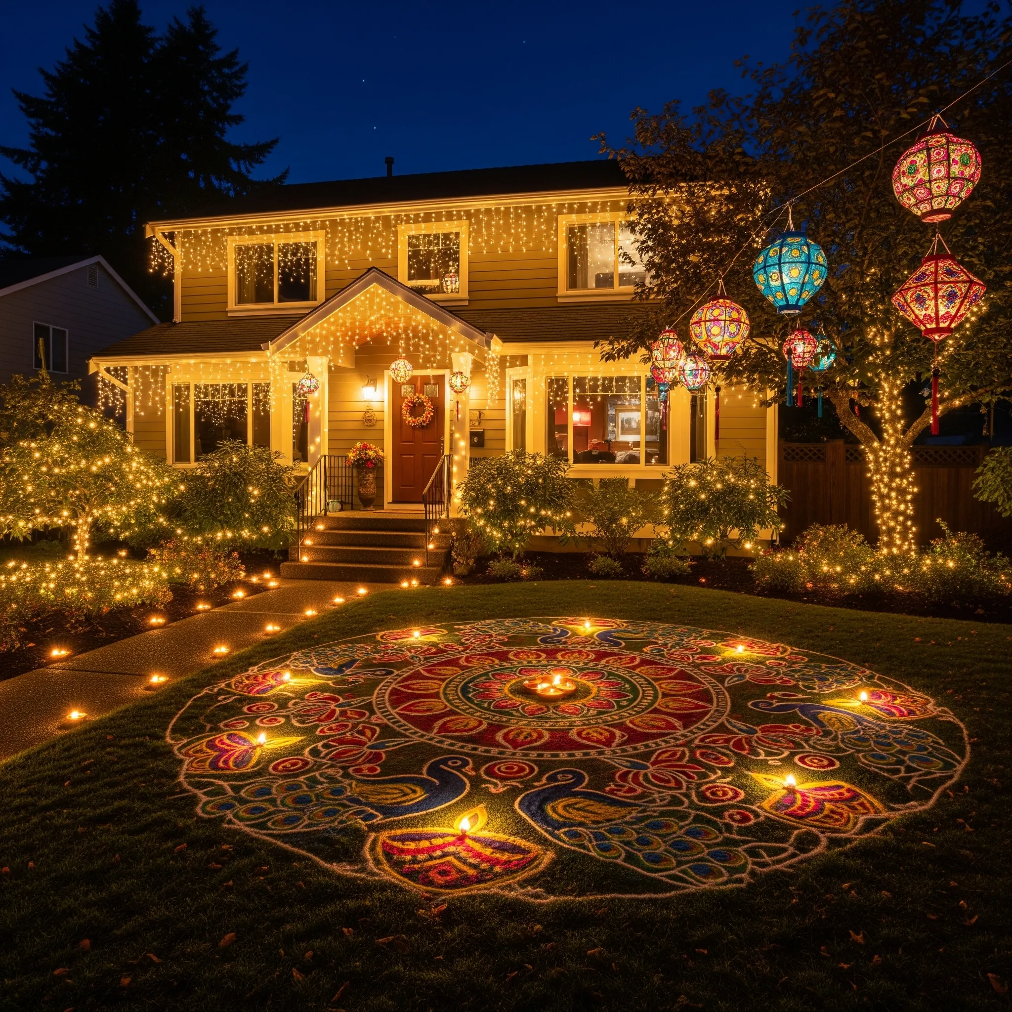 Redmond home glowing with professional Diwali lights